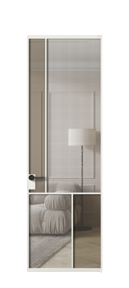 Межкомнатная дверь Mosaic АЛПЛ041.20 Алюминий светло-серый Декоративное стекло с сеткой "Mesh silver", триплекс, 6 мм + Прозрачное бронзовое стекло, триплекс Цена 1036400 ₸ | Volhovec