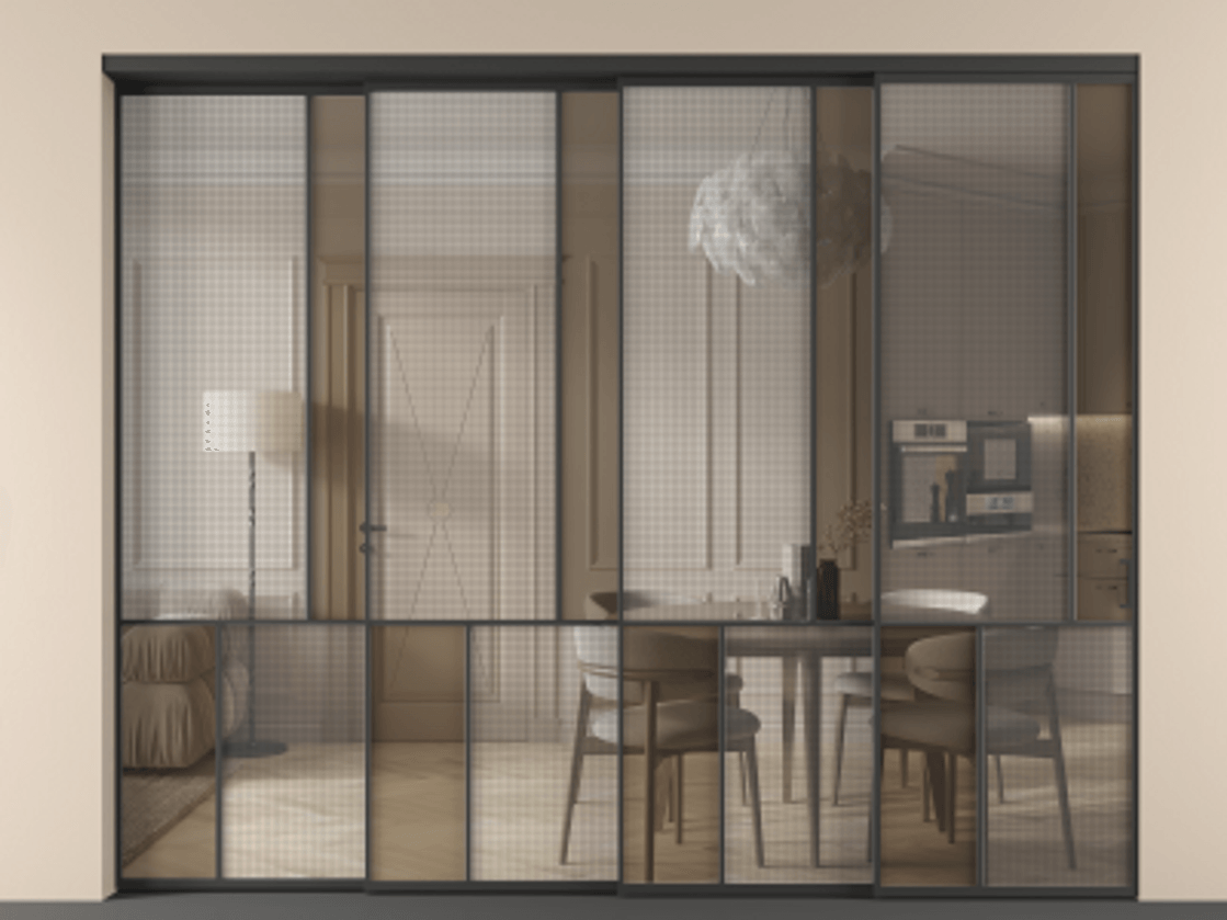 Перегородка Mosaic внутри проёма 4 створки с синхронным механизмом АЛПР 041.21 Алюминий Черный Декоративное стекло с сеткой "Mesh silver", триплекс, 6 мм + Прозрачное бронзовое стекло, триплекс Цена 3644530 ₸ | Volhovec