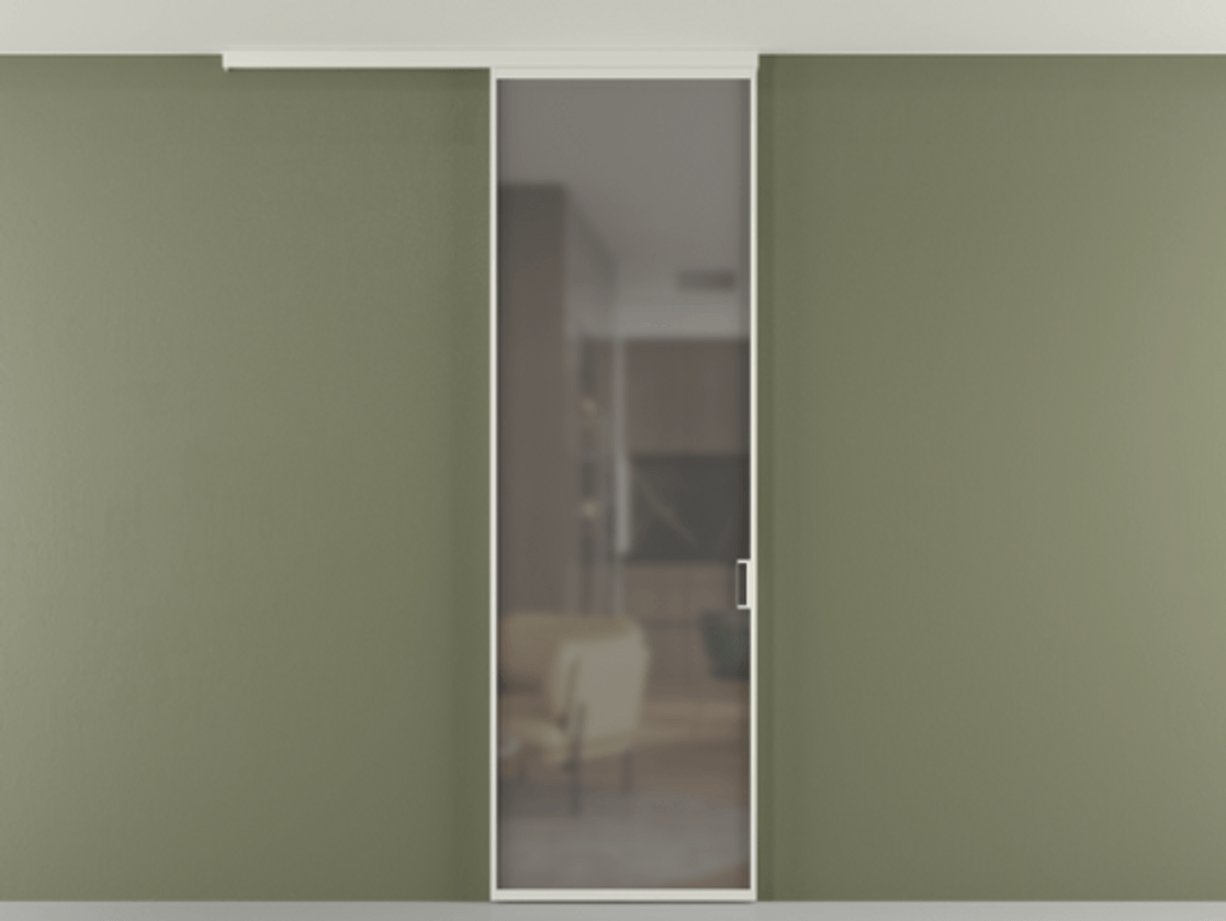 Перегородка Formato вдоль стены на потолок 1 створка АЛПР 040.01 Алюминий Белый Сатинированное серое стекло, триплекс Цена 577470 ₸ | Volhovec