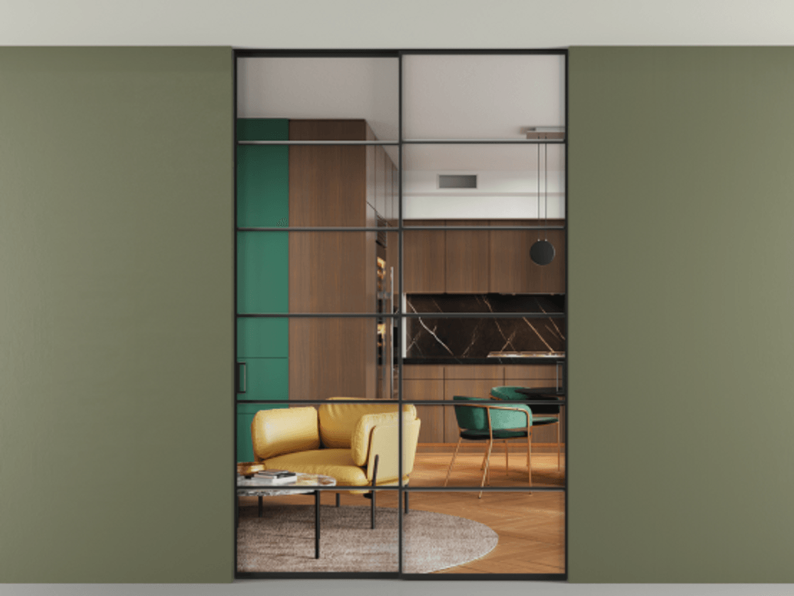 Перегородка Формато внутри проёма скрытое крепление в потолок 2 створки АЛПР 040.04 Алюминий Черный Прозрачное стекло "Кристал Вижн", калёное Цена 2372933 ₸ | Volhovec