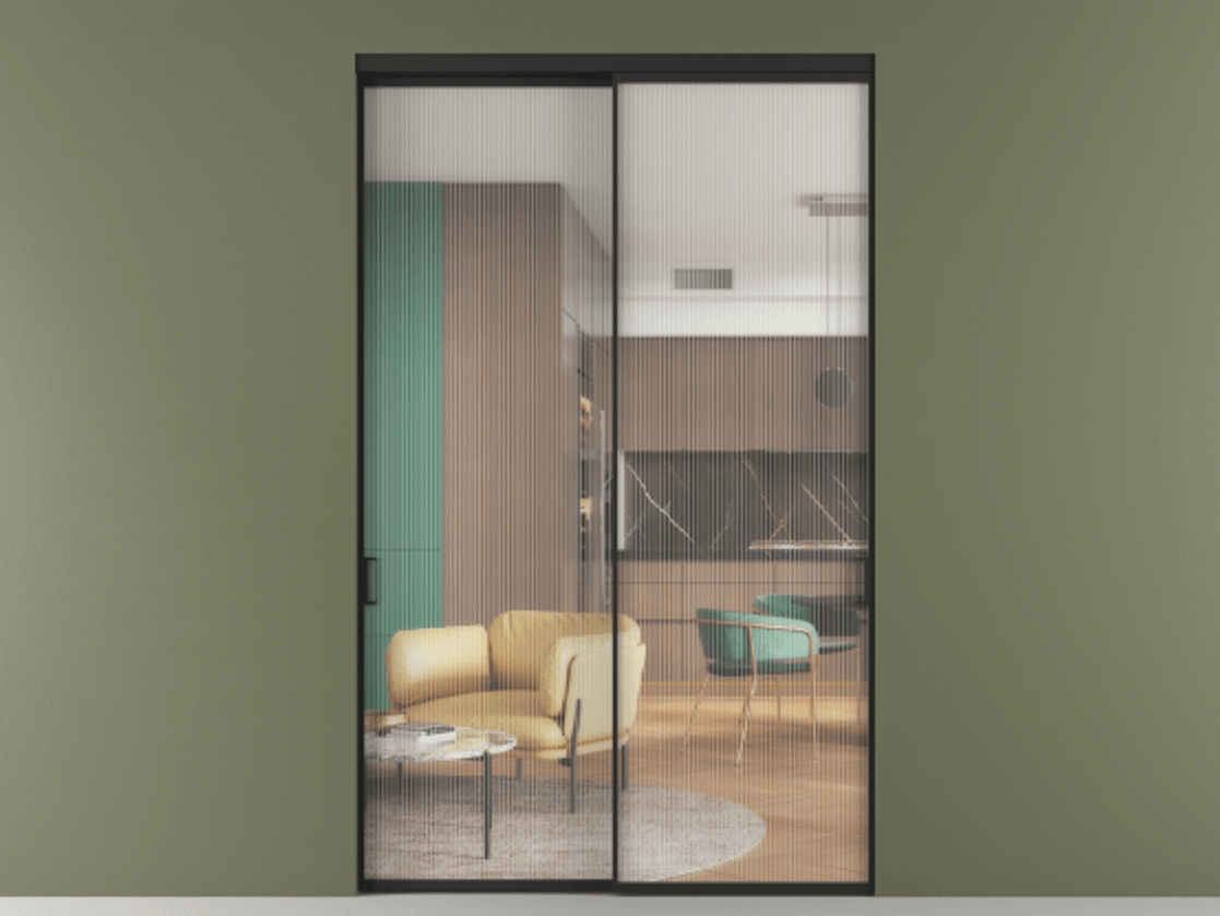 Перегородка Formato внутри проёма 2 створки АЛПР 040.01 Алюминий Черный Рифлёное стекло "Moru", триплекс Цена 2596340 ₸  | Volhovec