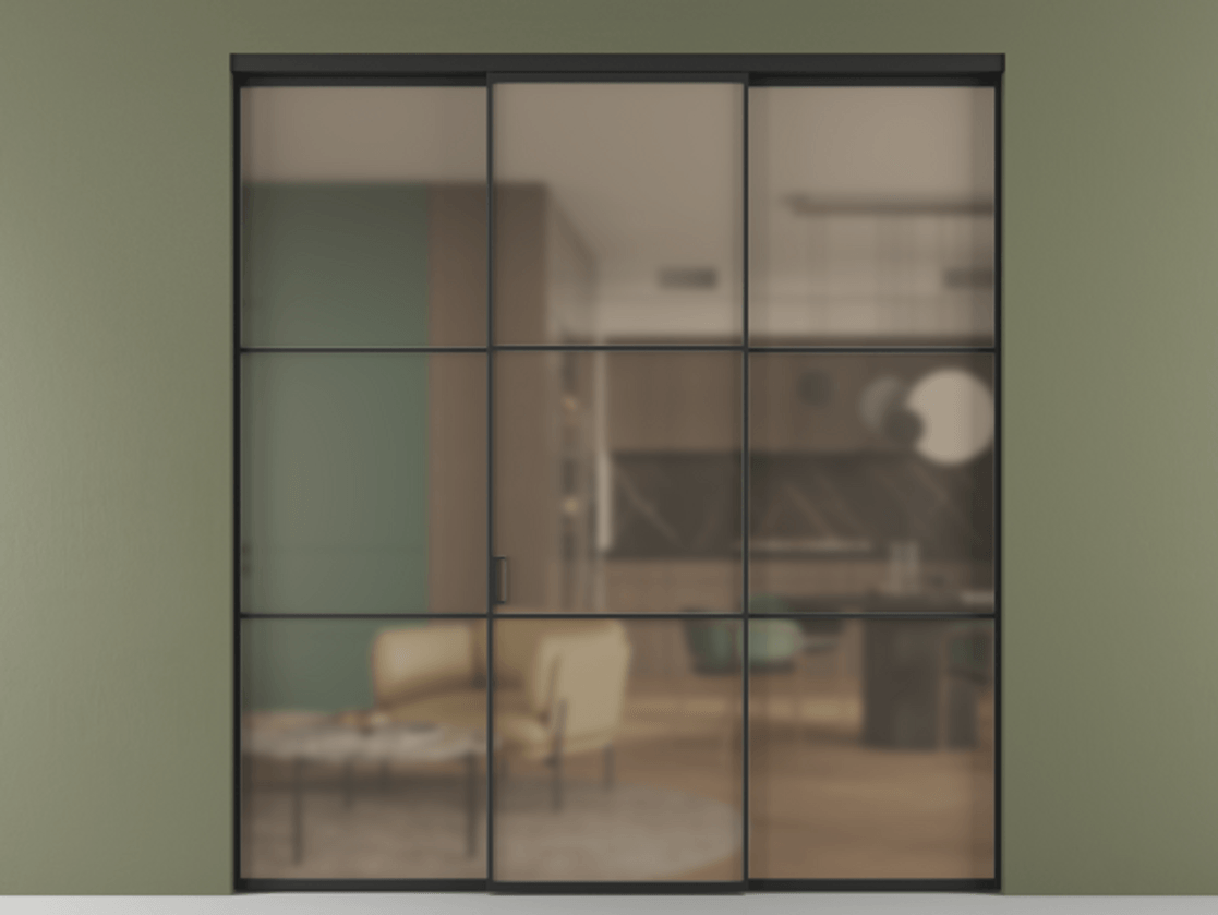 Перегородка Formato внутри проёма 3 створки АЛПР 040.03 Алюминий Черный Сатинированное бронзовое стекло, триплекс. Скрытый короб ЧЕР Цена 1489490 ₸ 1. Полотно 3 шт. (800/2100 мм)
2. Комплект установки раздвижной системы
3. Базовый комплект фурнитуры
4.Ручка RONDO. Фабрика дверей Волховец 8 (800) 551 43 19 Перегородка Formato внутри проёма 3 створки АЛПР 040.03 Алюминий Черный Сатинированное бронзовое стекло, триплекс Цена 1489490 ₸ | Volhovec