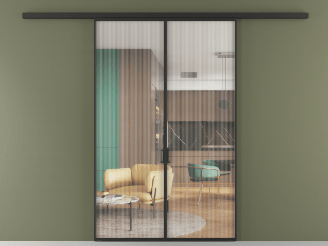 Перегородка Formato вдоль стены 2 створки АЛПР 040.01 Алюминий Черный Рифлёное стекло "Moru", триплекс Цена 1245380 ₸ | Volhovec