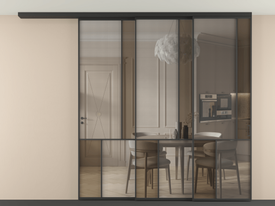 Перегородка Mosaic вдоль стены на потолок 3 створки с синхронным механизмом АЛПР 041.21 Алюминий Черный Декоративное стекло с сеткой "Mesh silver", триплекс, 6 мм + Прозрачное бронзовое стекло, триплекс Цена 3024400 ₸ | Volhovec