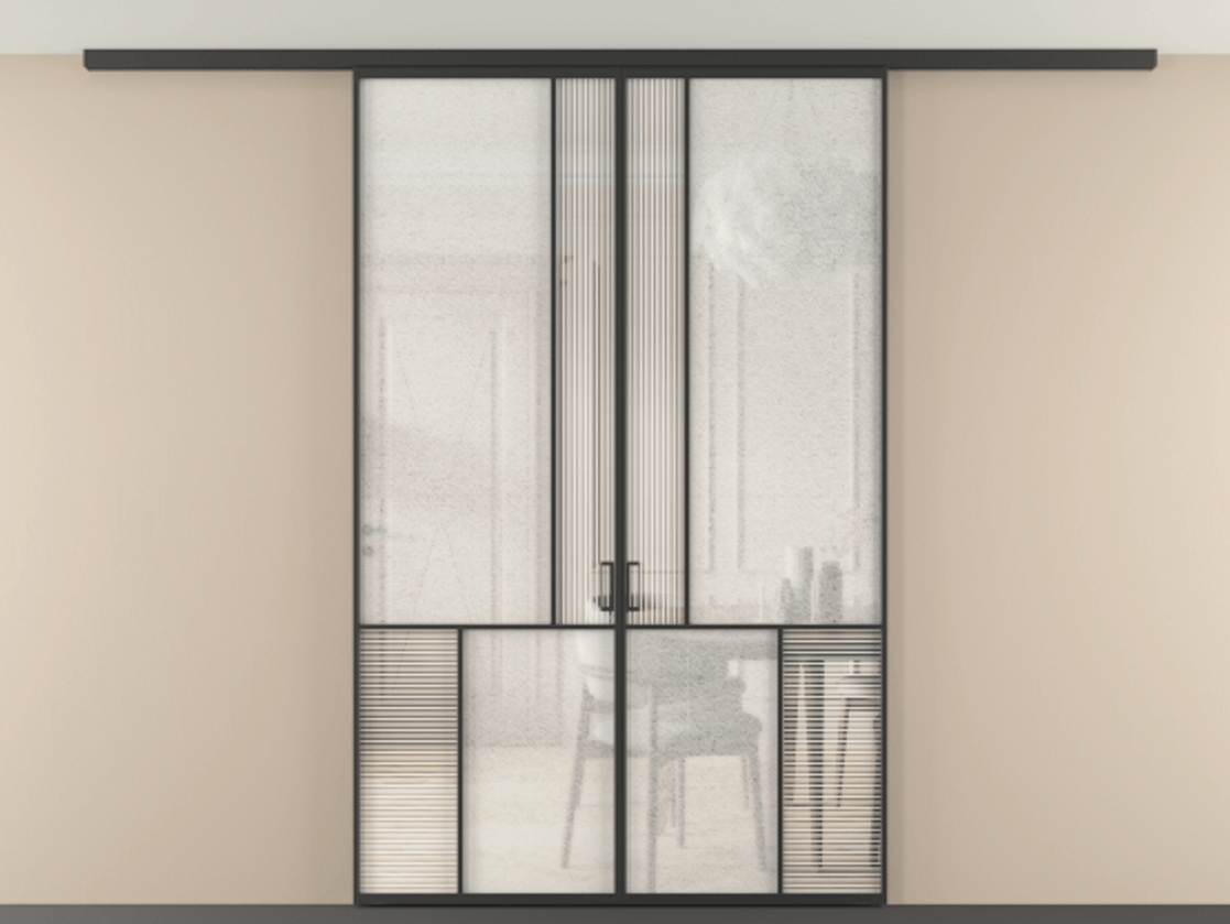 Перегородка Mosaic вдоль стены на потолок 2 створки АЛПР 041.20 Алюминий Черный Рифлёное стекло "Дюна", триплекс, 6 мм + Фактурное стекло "Лёд", триплекс Цена 1674320 ₸ | Volhovec