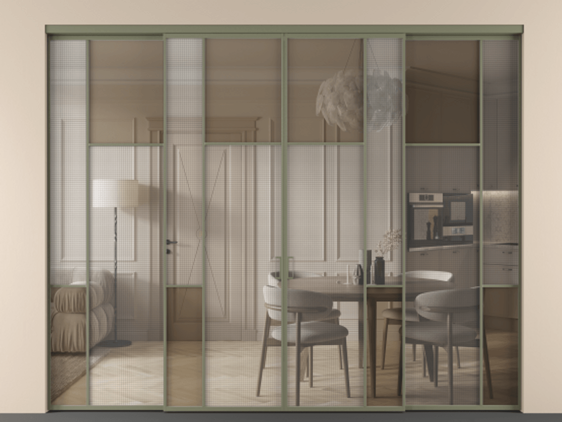 Перегородка Mosaic внутри проёма 4 створки АЛПР 041.10 Алюминий оливковый тёмный Декоративное стекло с сеткой "Mesh silver", триплекс, 6 мм + Прозрачное бронзовое стекло, триплекс. Цена 3025901 ₸ . Фабрика дверей Волховец 8 (800) 551 43 19 Перегородка Mosaic внутри проёма 4 створки АЛПР 041.10 Алюминий оливковый тёмный Декоративное стекло с сеткой "Mesh silver", триплекс, 6 мм + Прозрачное бронзовое стекло, триплекс Цена 3025901 ₸ | Volhovec