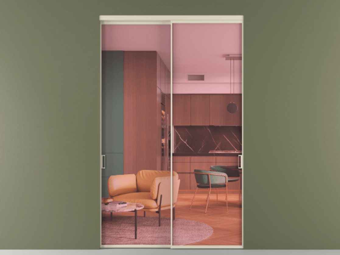 Перегородка Формато внутри проёма 2 створки АЛПР 040.01 Алюминий бежево-серый Прозрачное розовое стекло, триплекс Цена 3149874 ₸  | Volhovec