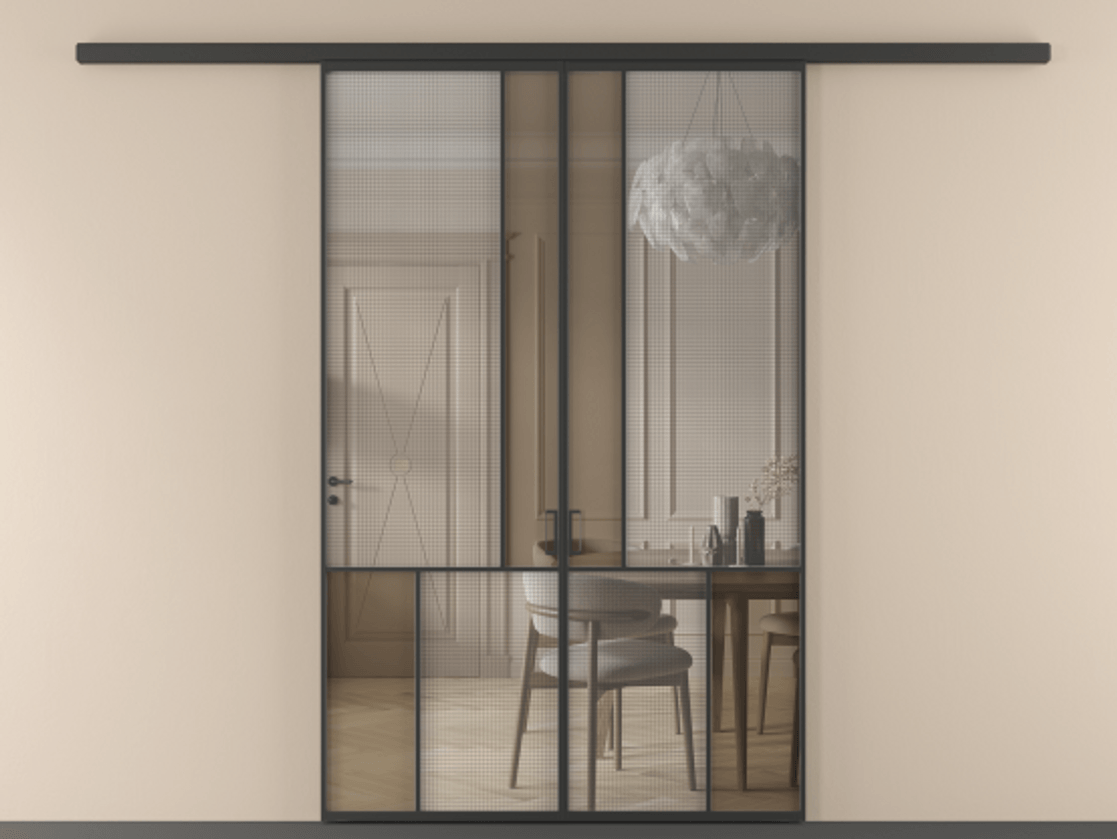 Перегородка Mosaic вдоль стены 2 створки АЛПР 041.20 Алюминий Черный Декоративное стекло с сеткой "Mesh silver", триплекс, 6 мм + Прозрачное бронзовое стекло, триплекс. Скрытый короб ЧЕР Цена 1660340 ₸ . Фабрика дверей Волховец 8 (800) 551 43 19 Перегородка Mosaic вдоль стены 2 створки АЛПР 041.20 Алюминий Черный Декоративное стекло с сеткой "Mesh silver", триплекс, 6 мм + Прозрачное бронзовое стекло, триплекс Цена 1660340 ₸ | Volhovec