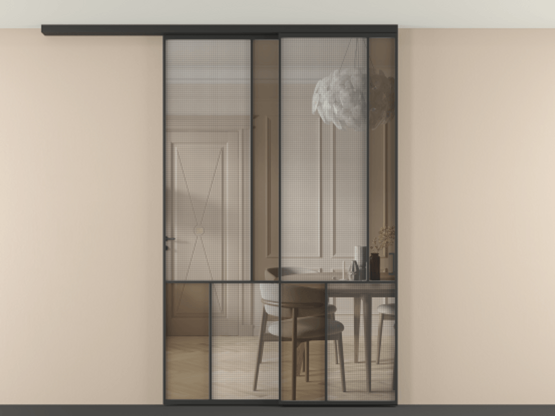 Перегородка Mosaic вдоль стены на потолок 2 створки с синхронным механизмом АЛПР 041.21 Алюминий Черный Декоративное стекло с сеткой "Mesh silver", триплекс, 6 мм + Прозрачное бронзовое стекло, триплекс. Скрытый короб ЧЕР Цена 2131080 ₸ . Фабрика дверей Волховец 8 (800) 551 43 19 Перегородка Mosaic вдоль стены на потолок 2 створки с синхронным механизмом АЛПР 041.21 Алюминий Черный Декоративное стекло с сеткой "Mesh silver", триплекс, 6 мм + Прозрачное бронзовое стекло, триплекс Цена 2131080 ₸ | Volhovec