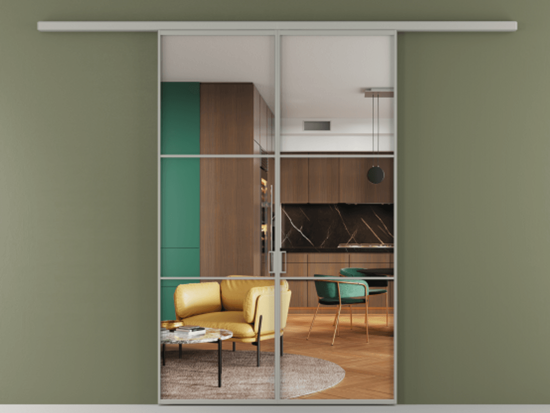 Перегородка Formato вдоль стены 2 створки АЛПР 040.03 Алюминий нейтральный серый Прозрачное стекло "Crystal Vision", калёное Цена 1553760 ₸ | Volhovec