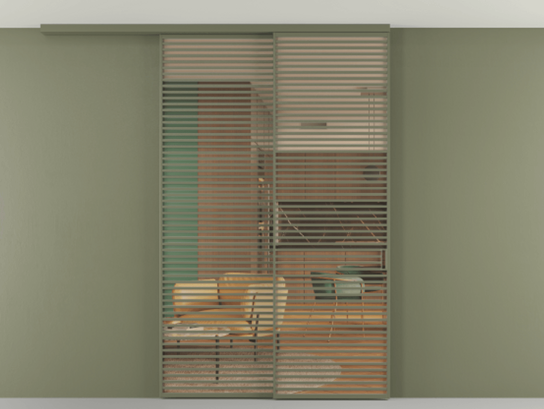 Перегородка Формато вдоль стены на потолок 2 створки с синхронным механизмом АЛПР 040.07 Алюминий оливковый тёмный Прозрачное оранжевое стекло, триплекс Цена 3261497 ₸ | Volhovec