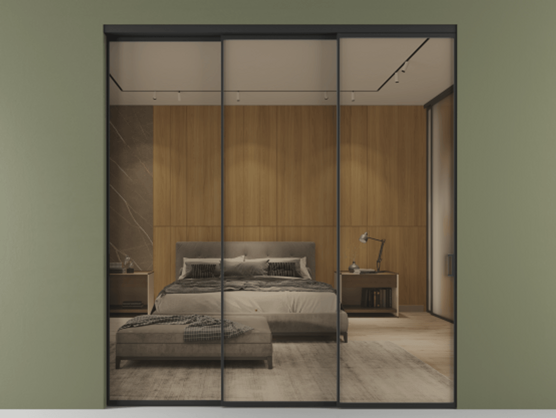 Перегородка Formato внутри проёма 3 створки с синхронным механизмом АЛПР 040.01 Алюминий Черный Рефлективное бронзовое стекло "Stopsol", калёное Цена 2370580 ₸  | Volhovec