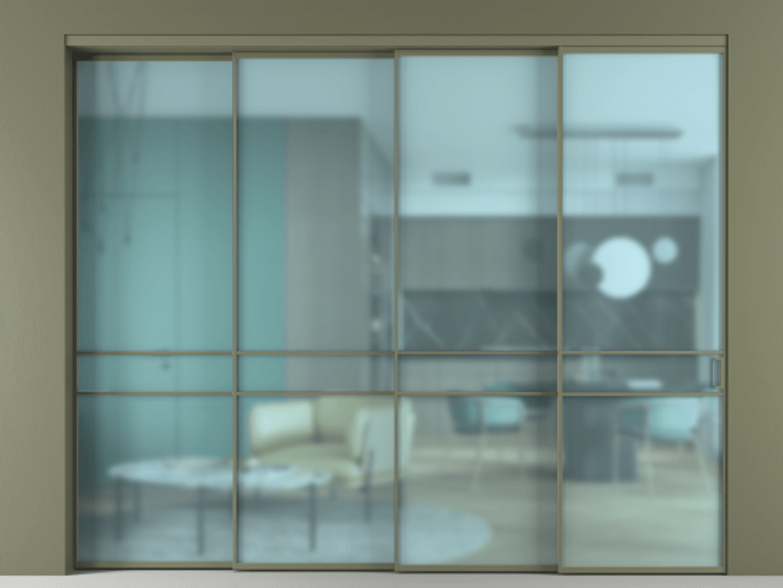 Перегородка Formato внутри проёма 4 створки с синхронным механизмом АЛПР 040.02 Алюминий оливковый тёмный Сатинированное голубое стекло, триплекс Цена 2893600 ₸ | Volhovec