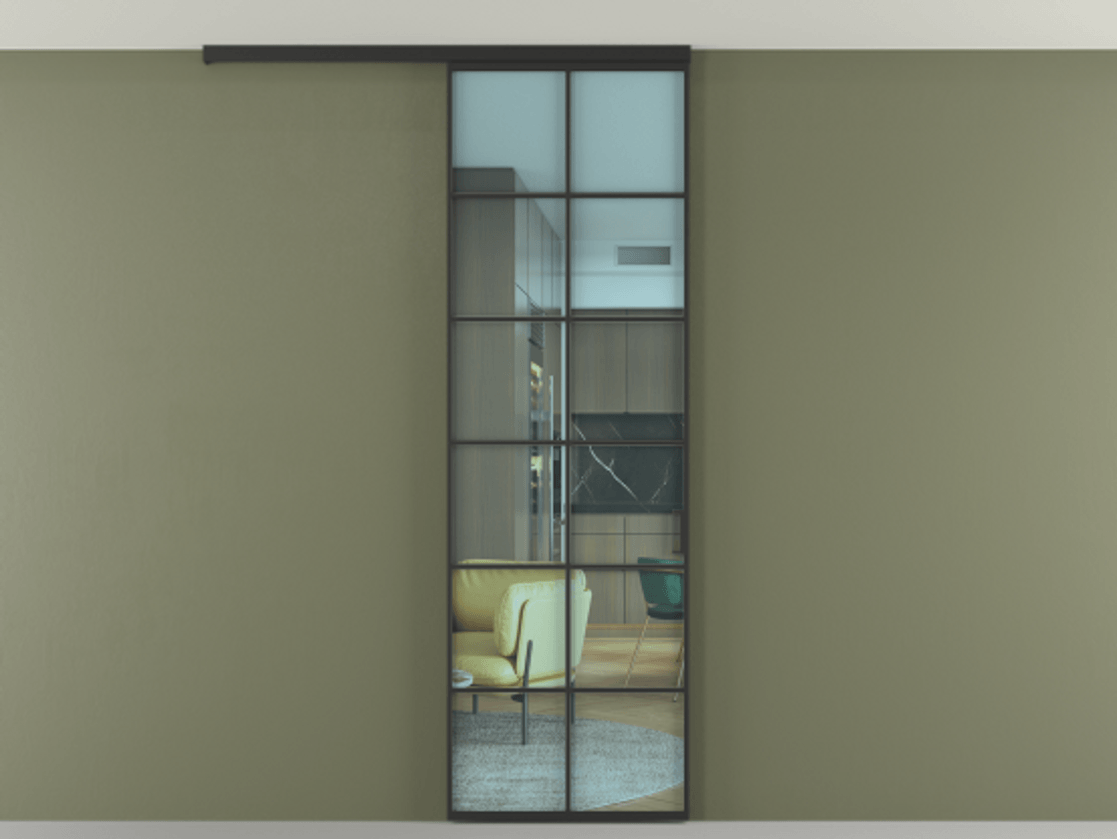 Перегородка Formato вдоль стены на потолок 1 створка АЛПР 040.05 Алюминий Черный Прозрачное голубое стекло, триплекс Цена 646700 ₸ | Volhovec