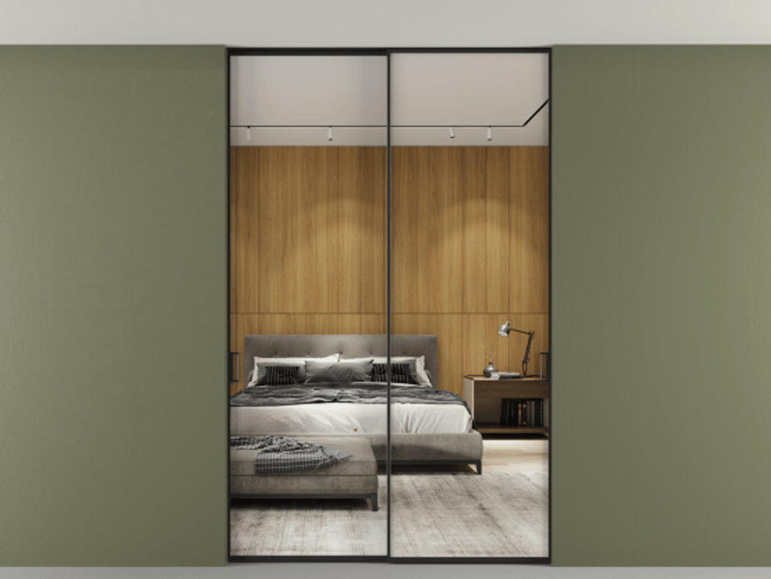 Перегородка Formato внутри проёма скрытое крепление в потолок 2 створки АЛПР 040.01 Алюминий Черный Двустороннее зеркало, триплекс , триплекс 6 мм Цена 1503770 ₸ | Volhovec