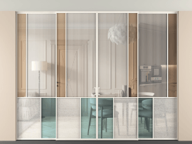 Алюминевая перегородка vntp4_3 Алюминий пудровый белый Четыре стекла. Цвет Алюминий пудровый белый. Материал Алюминий в эмали. Коллекция Перегородка Mosaic внутри проёма скрытое крепление в потолок 4 створки. Картинка.