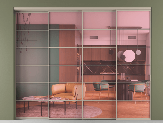 Алюминевая перегородка АЛПР 040.04_АБСК_ПРОЗ РОЗ_new. Цвет Алюминий бисквитный. Материал Алюминий в эмали. Коллекция Перегородка Formato внутри проёма 4 створки с синхронным механизмом. Картинка.