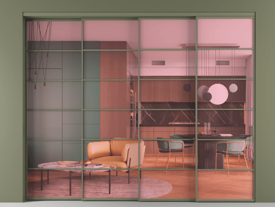 Алюминевая перегородка АЛПР 040.04_АОТ_ПРОЗ РОЗ_new. Цвет Алюминий оливковый тёмный. Материал Алюминий в эмали. Коллекция Перегородка Formato внутри проёма 4 створки с синхронным механизмом. Картинка.