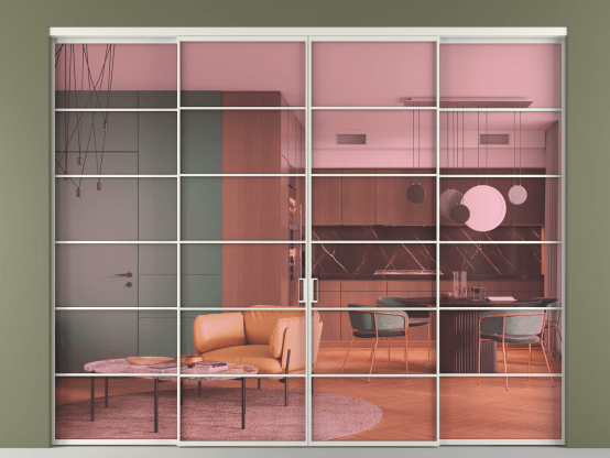 Алюминевая перегородка АЛПР 040.04_АСР_ПРОЗ РОЗ_new. Цвет Алюминий серый. Материал Алюминий в эмали. Коллекция Перегородка Formato внутри проёма 4 створки. Картинка.