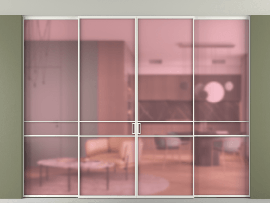 Алюминевая перегородка vn2+2_02 Алюминий светло-серый Сатинированное розовое стекло, триплекс, 6мм. Цвет Алюминий светло-серый. Материал Алюминий в эмали. Коллекция Перегородка Formato внутри проёма скрытое крепление в потолок 4 створки. Картинка.