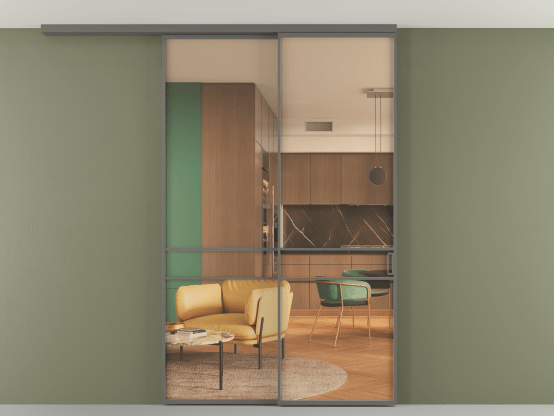 Алюминевая перегородка АЛПР 040.02_АКЛС_ПРОЗ ОРАНЖ_new. Цвет Алюминий классический серый. Материал Алюминий в эмали. Коллекция Перегородка Formato вдоль стены на потолок 2 створки с синхронным механизмом. Картинка.