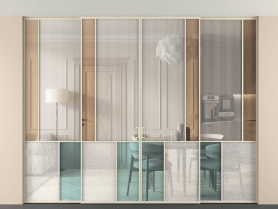 Алюминевая перегородка vntp4_3 Алюминий бежево-серый Четыре стекла. Цвет Алюминий бежево-серый. Материал Алюминий в эмали. Коллекция Перегородка Mosaic внутри проёма скрытое крепление в потолок 4 створки. Картинка.