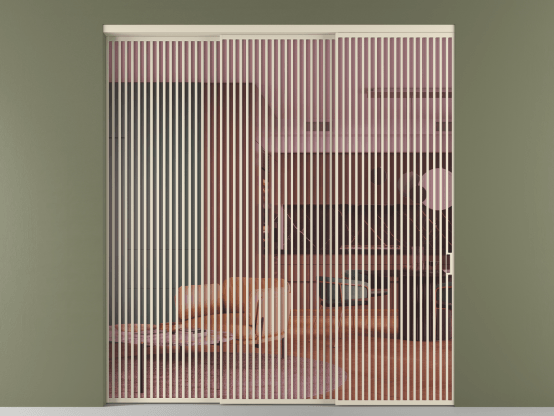 Алюминевая перегородка vn3_06_ Алюминий бежево-серый Прозрачное розовое стекло, триплекс, 6мм. Цвет Алюминий бежево-серый. Материал Алюминий в эмали. Коллекция Перегородка Formato внутри проёма 3 створки с синхронным механизмом. Картинка.