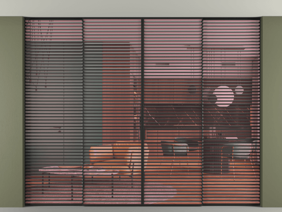 Алюминевая перегородка АЛПР 040.07_ЧРН_ПРОЗ РОЗ_new. Цвет Алюминий Черный. Материал Алюминий. Коллекция Перегородка Formato внутри проёма скрытое крепление в потолок 4 створки. Картинка.