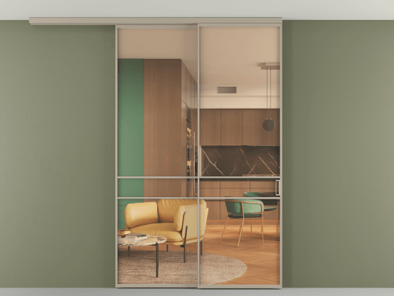 Алюминевая перегородка АЛПР 040.02_АБСК_ПРОЗ ОРАНЖ_new. Цвет Алюминий бисквитный. Материал Алюминий в эмали. Коллекция Перегородка Formato вдоль стены на потолок 2 створки с синхронным механизмом. Картинка.