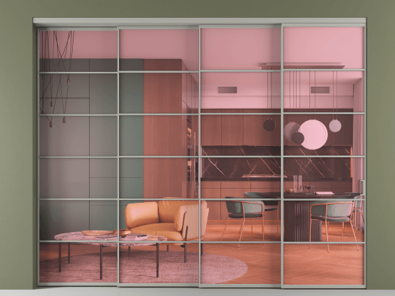 Алюминевая перегородка АЛПР 040.04_АНСР_ПРОЗ РОЗ_new. Цвет Алюминий нейтральный серый. Материал Алюминий в эмали. Коллекция Перегородка Formato внутри проёма 4 створки с синхронным механизмом. Картинка.