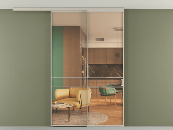 Алюминевая перегородка АЛПР 040.02_АСБЖ_ПРОЗ ОРАНЖ_new. Цвет Алюминий светло-бежевый. Материал Алюминий в эмали. Коллекция Перегородка Formato вдоль стены на потолок 2 створки с синхронным механизмом. Картинка.