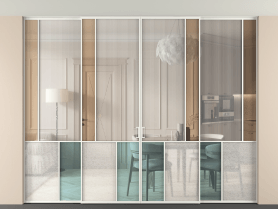 Алюминевая перегородка vntp4_3 Алюминий светло-серый Четыре стекла. Цвет Алюминий светло-серый. Материал Алюминий в эмали. Коллекция Перегородка Mosaic внутри проёма скрытое крепление в потолок 4 створки. Картинка.