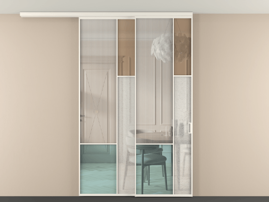 Алюминевая перегородка vdt2_8 Алюминий пудровый белый Четыре стекла. Цвет Алюминий пудровый белый. Материал Алюминий в эмали. Коллекция Перегородка Mosaic вдоль стены на потолок 2 створки с синхронным механизмом. Картинка.