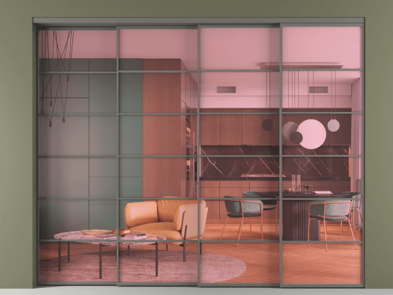 Алюминевая перегородка АЛПР 040.04_АКЛС_ПРОЗ РОЗ_new. Цвет Алюминий классический серый. Материал Алюминий в эмали. Коллекция Перегородка Formato внутри проёма 4 створки с синхронным механизмом. Картинка.