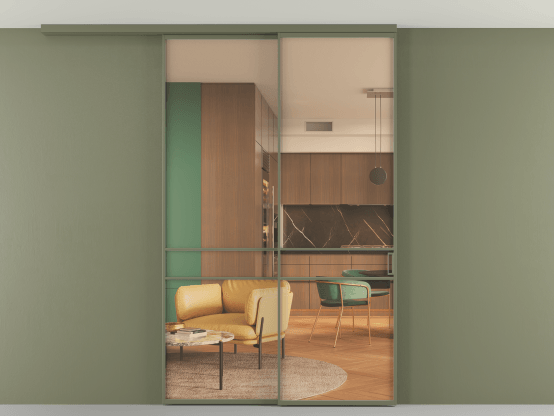 Алюминевая перегородка АЛПР 040.02_АОТ_ПРОЗ ОРАНЖ_new. Цвет Алюминий оливковый тёмный. Материал Алюминий в эмали. Коллекция Перегородка Formato вдоль стены на потолок 2 створки с синхронным механизмом. Картинка.