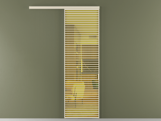 Алюминевая перегородка vd1_07_ Алюминий бежево-серый Прозрачное жёлтое стекло, триплекс, 6мм. Цвет Алюминий бежево-серый. Материал Алюминий в эмали. Коллекция Перегородка Formato вдоль стены 1 створка. Картинка.