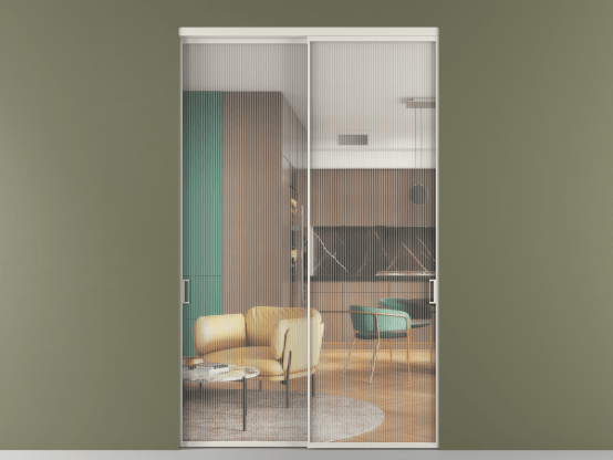 Алюминевая перегородка АЛПР 040.01_БЕЛ_Moru_new. Цвет Алюминий Белый. Материал Алюминий. Коллекция Перегородка Formato внутри проёма 2 створки. Картинка.