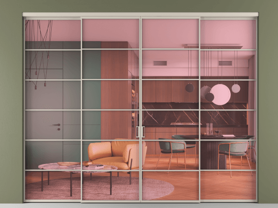 Алюминевая перегородка АЛПР 040.04_АСБЖ_ПРОЗ РОЗ_new. Цвет Алюминий светло-бежевый. Материал Алюминий в эмали. Коллекция Перегородка Formato внутри проёма 4 створки. Картинка.