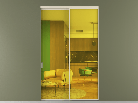 Алюминевая перегородка vn2_01_ Алюминий бежево-серый Прозрачное жёлтое стекло, триплекс, 6мм. Цвет Алюминий бежево-серый. Материал Алюминий в эмали. Коллекция Перегородка Formato внутри проёма 2 створки. Картинка.